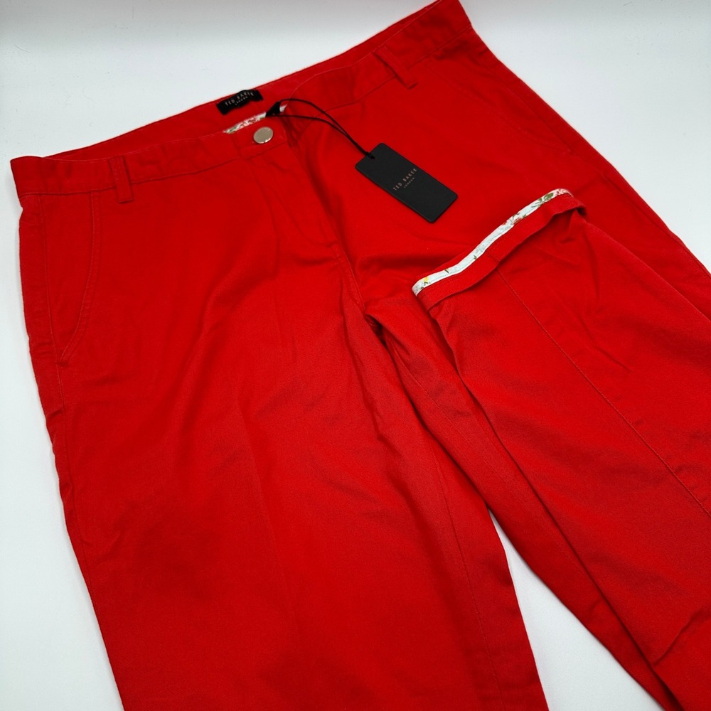 Ted Baker Chino Pants Womens 5 Red NWT Floral Cuff Straight Leg Smart Casual
